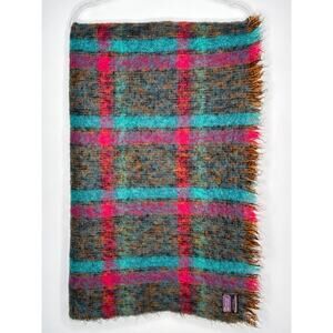 1980s Donegal Design Hand Woven Mohair Wool Plaid Scarf Ireland 60x70
